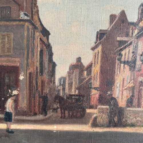 Huile sur toile XXe scène de rue par Jacques Louis Barcat