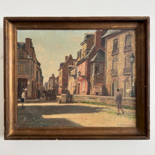 Huile sur toile XXe scène de rue par Jacques Louis Barcat