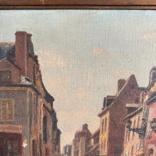 Huile sur toile XXe scène de rue par Jacques Louis Barcat