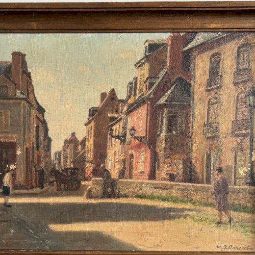 Huile sur toile XXe scène de rue par Jacques Louis Barcat