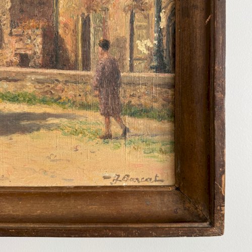 Huile sur toile XXe scène de rue par Jacques Louis Barcat