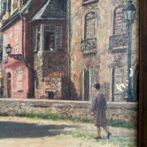 Huile sur toile XXe scène de rue par Jacques Louis Barcat