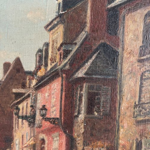 Huile sur toile XXe scène de rue par Jacques Louis Barcat