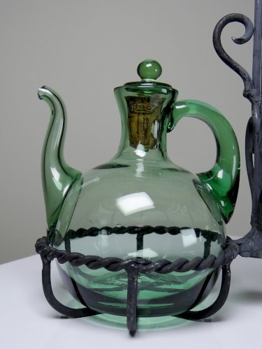 Huilier & Vinaigrier verre soufflé vintage sur support fer forgé Italie