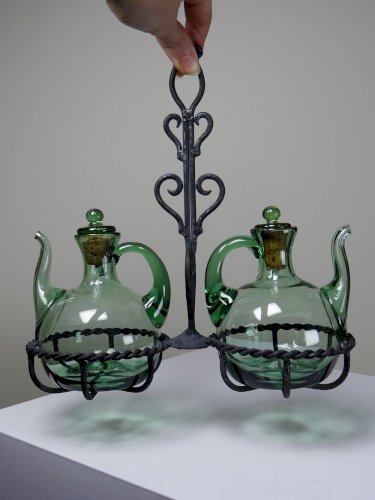 Huilier & Vinaigrier verre soufflé vintage sur support fer forgé Italie