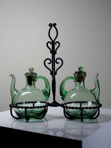 Huilier & Vinaigrier verre soufflé vintage sur support fer forgé Italie