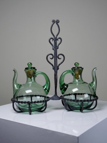 Huilier & Vinaigrier verre soufflé vintage sur support fer forgé Italie
