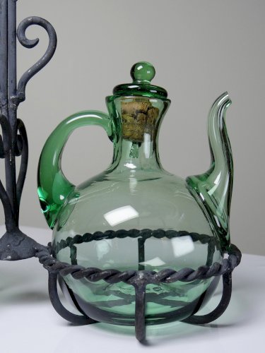 Huilier & Vinaigrier verre soufflé vintage sur support fer forgé Italie