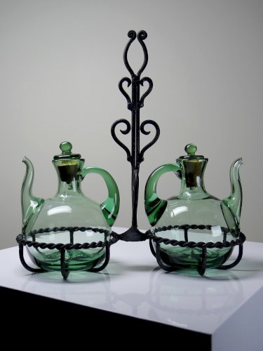 Huilier & Vinaigrier verre soufflé vintage sur support fer forgé Italie