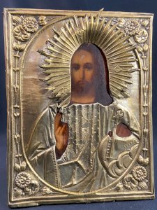 Icône russe au Christ pantocrator bois peint et laiton XIXe
