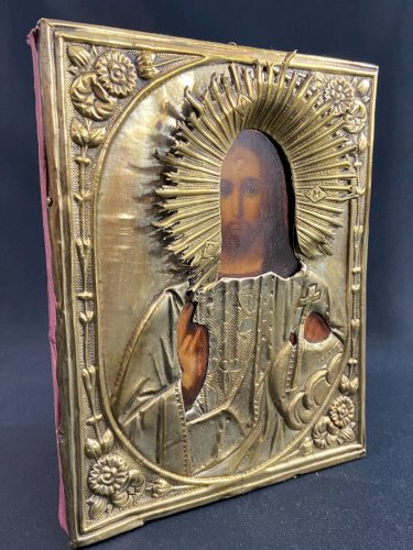 Icône russe au Christ pantocrator bois peint et laiton XIXe