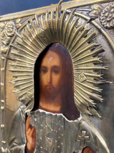 Icône russe au Christ pantocrator bois peint et laiton XIXe