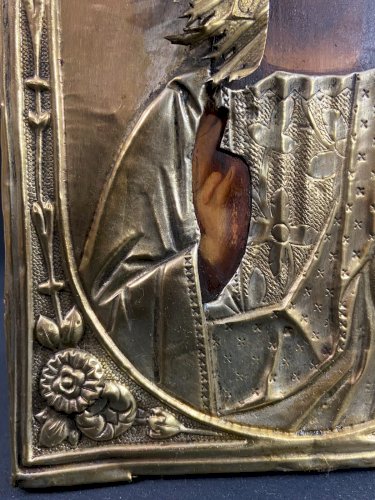 Icône russe au Christ pantocrator bois peint et laiton XIXe