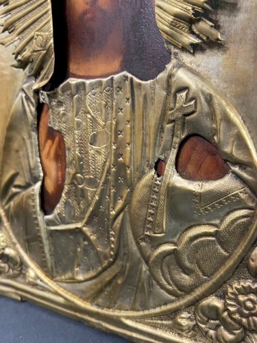 Icône russe au Christ pantocrator bois peint et laiton XIXe