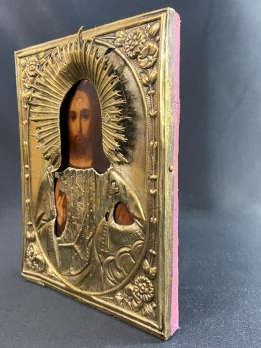 Icône russe au Christ pantocrator bois peint et laiton XIXe