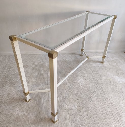 Iconique rare console blanche à entretoise design, signée Pierre Vandel Paris, en excellent état