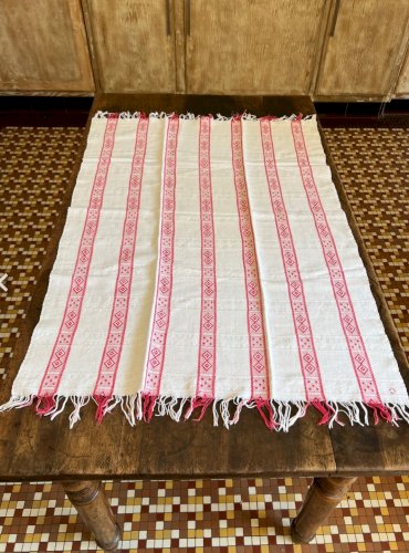 Iinge  de Maison ancien 19e -torchon serviettes d’apparat blanc et rouge coton