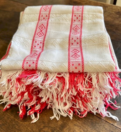 Iinge  de Maison ancien 19e -torchon serviettes d’apparat blanc et rouge coton