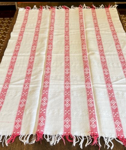 Iinge  de Maison ancien 19e -torchon serviettes d’apparat blanc et rouge coton