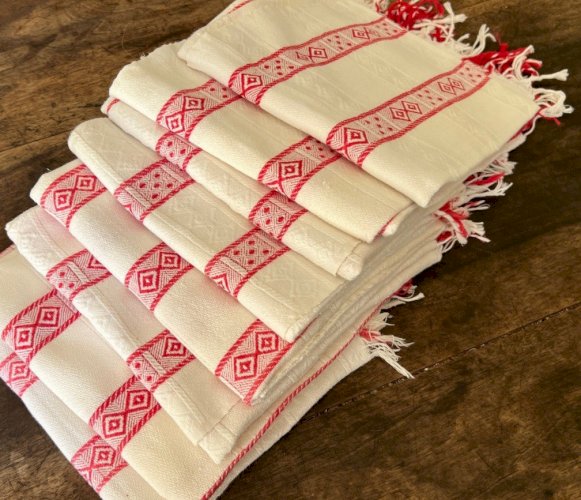 Iinge  de Maison ancien 19e -torchon serviettes d’apparat blanc et rouge coton