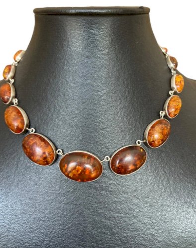 Important Collier Argent 925  -ambre - Vintage - Design - Moderniste