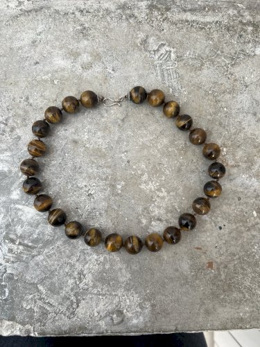 Important Collier Grosses Perles Œil De Tigre argent  Montage Noeud Vintage