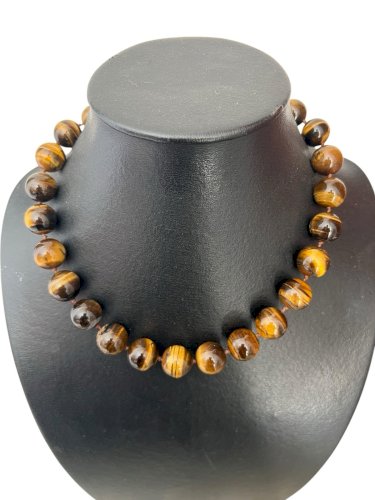 Important Collier Grosses Perles Œil De Tigre argent  Montage Noeud Vintage