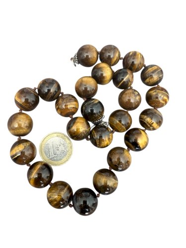 Important Collier Grosses Perles Œil De Tigre argent  Montage Noeud Vintage