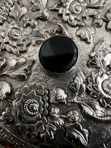 Important Collier Pendentif Ancien Vintage Argent Chine Jaspe Unisexe