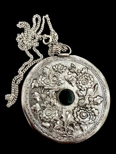 Important Collier Pendentif Ancien Vintage Argent Chine Jaspe Unisexe