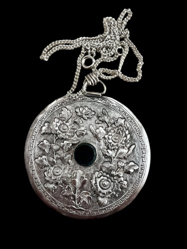 Important Collier Pendentif Ancien Vintage Argent Chine Jaspe Unisexe