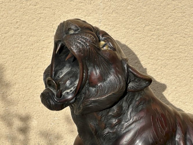 IMPORTANT OKIMONO TIGRE EN BRONZE JAPON  MEIJI XIXEME SIGNÉ 80 Cm YEUX SULFURE