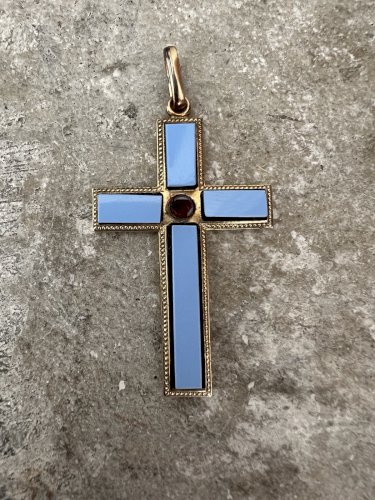 Importante croix 19e Napoléon III grenat et verre art Populaire