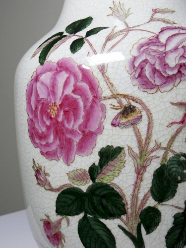 Imposant vase faïence craquelée décor botanique polychrome Wong Lee 1895 vintage