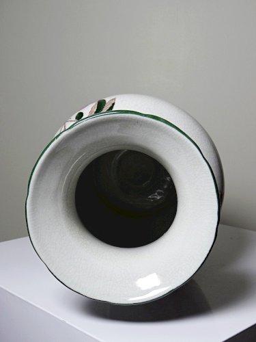 Imposant vase faïence craquelée décor botanique polychrome Wong Lee 1895 vintage