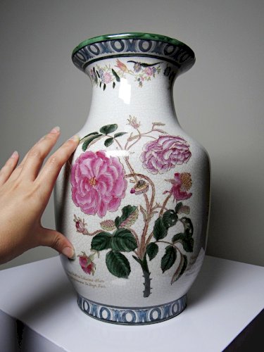 Imposant vase faïence craquelée décor botanique polychrome Wong Lee 1895 vintage
