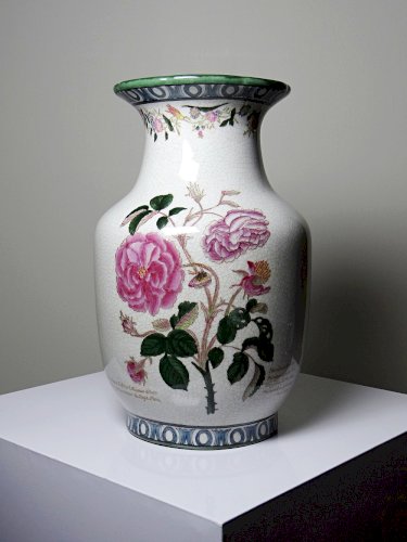 Imposant vase faïence craquelée décor botanique polychrome Wong Lee 1895 vintage