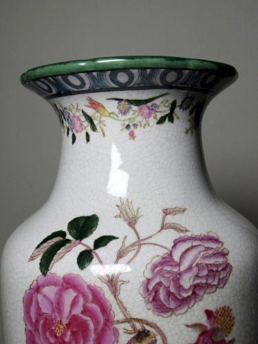Imposant vase faïence craquelée décor botanique polychrome Wong Lee 1895 vintage