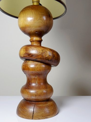 Imposante lampe style scandinave vintage designe bois tourné sculpté avec anneau