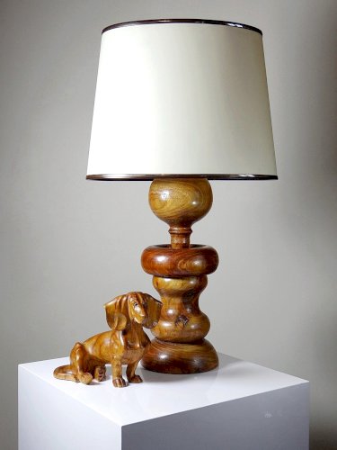 Imposante lampe style scandinave vintage designe bois tourné sculpté avec anneau