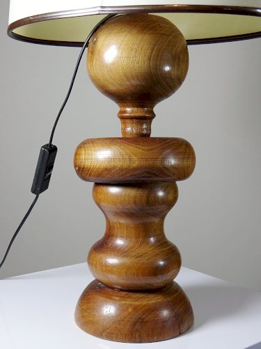 Imposante lampe style scandinave vintage designe bois tourné sculpté avec anneau