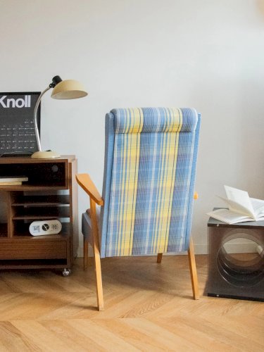 Jakob, le fauteuil en bois bleu et jaune N°832