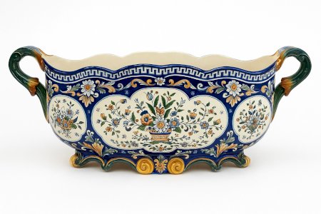 Jardinière ancienne Rouen faïence polychrome – grande 56 cm – décor floral 1900