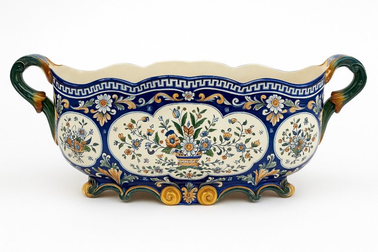 Jardinière ancienne Rouen faïence polychrome – grande 56 cm – décor floral 1900