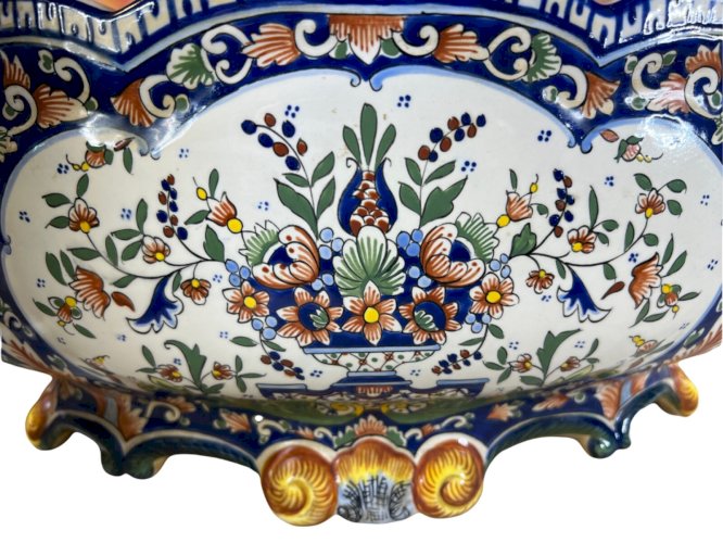 Jardinière ancienne Rouen faïence polychrome – grande 56 cm – décor floral 1900