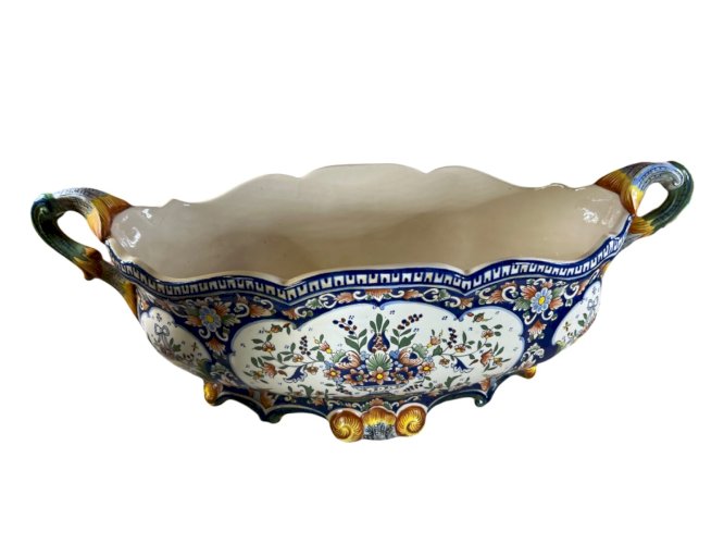 Jardinière ancienne Rouen faïence polychrome – grande 56 cm – décor floral 1900