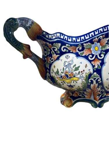 Jardinière ancienne Rouen faïence polychrome – grande 56 cm – décor floral 1900