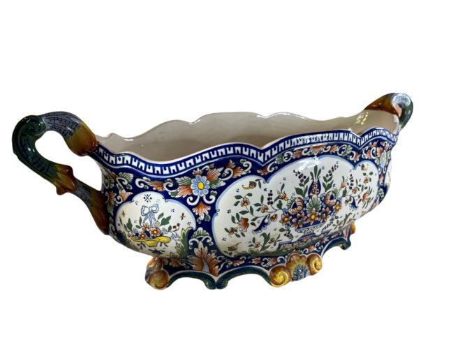 Jardinière ancienne Rouen faïence polychrome – grande 56 cm – décor floral 1900