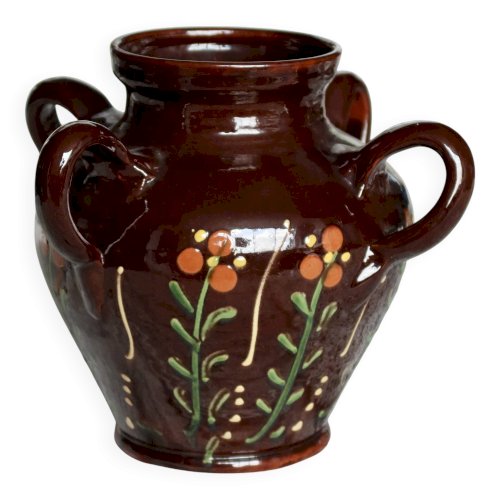 Jarre ancienne en céramique émaillée décorée de fleurs