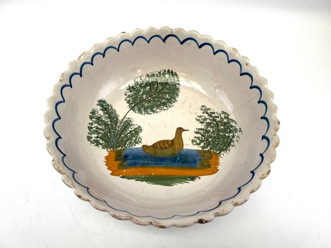 Jatte ancienne Nevers 19e – Faïence décor canard sur l’eau – 25 cm
